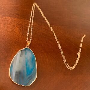 Blue Faux Agate Slice Pendant Necklace with Gold Trim